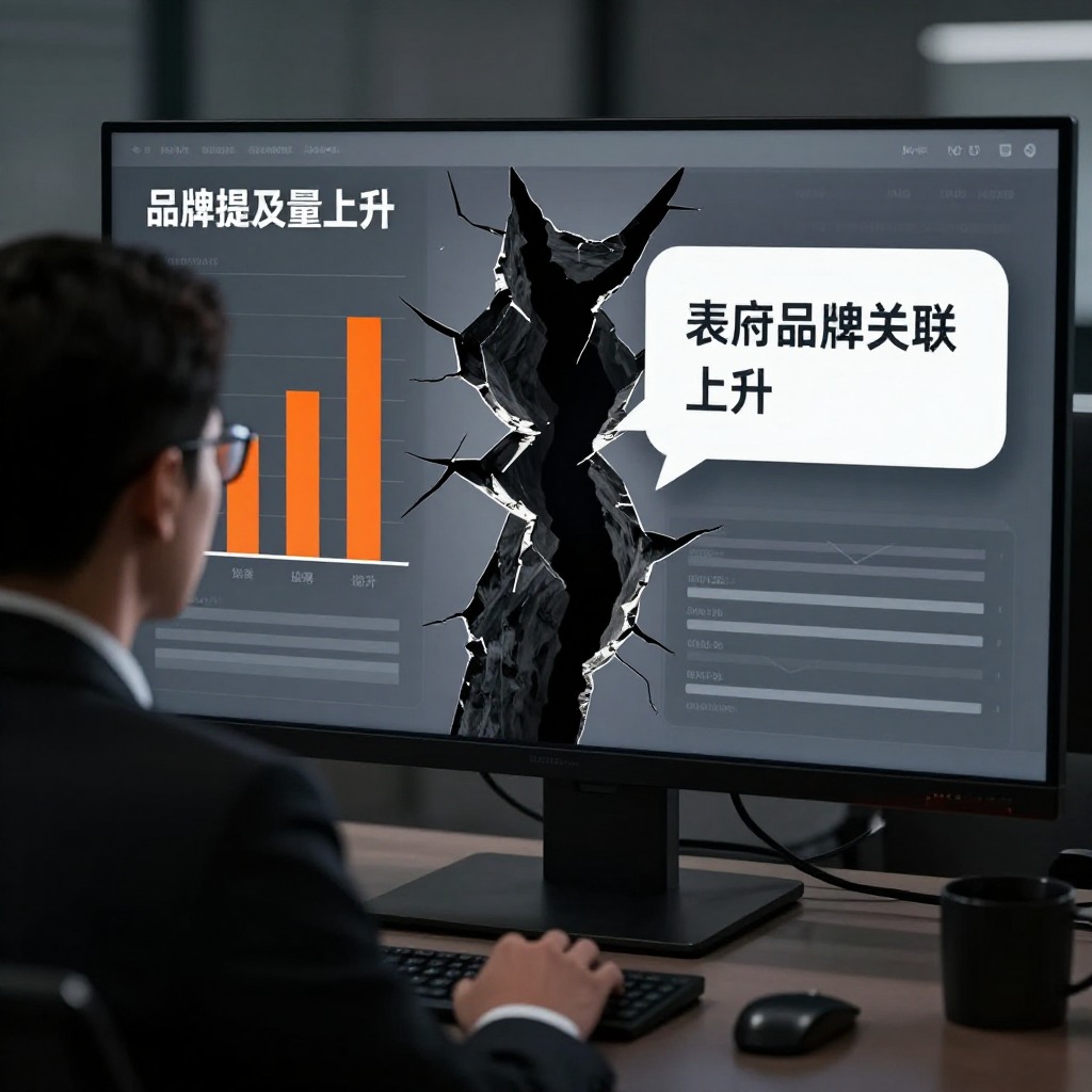一位高管盯着电脑屏幕上断裂的数据仪表盘，左侧是传统柱状图显示