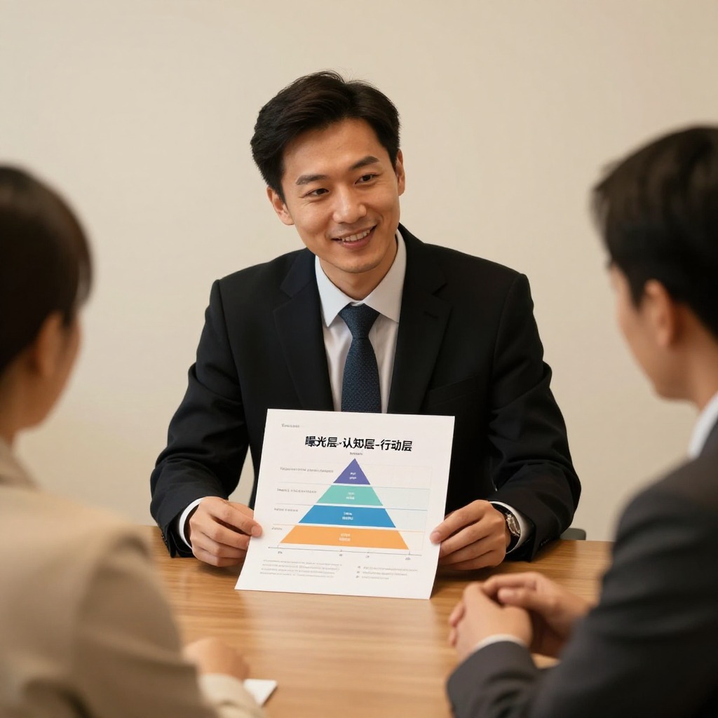 一位客户成功经理与两位高管围坐在会议桌前，桌面上摊开着一份标注了“曝光层-认知层-行动层”三层指标体系的效果报告，暖色调，商务摄影风格，信任氛围。