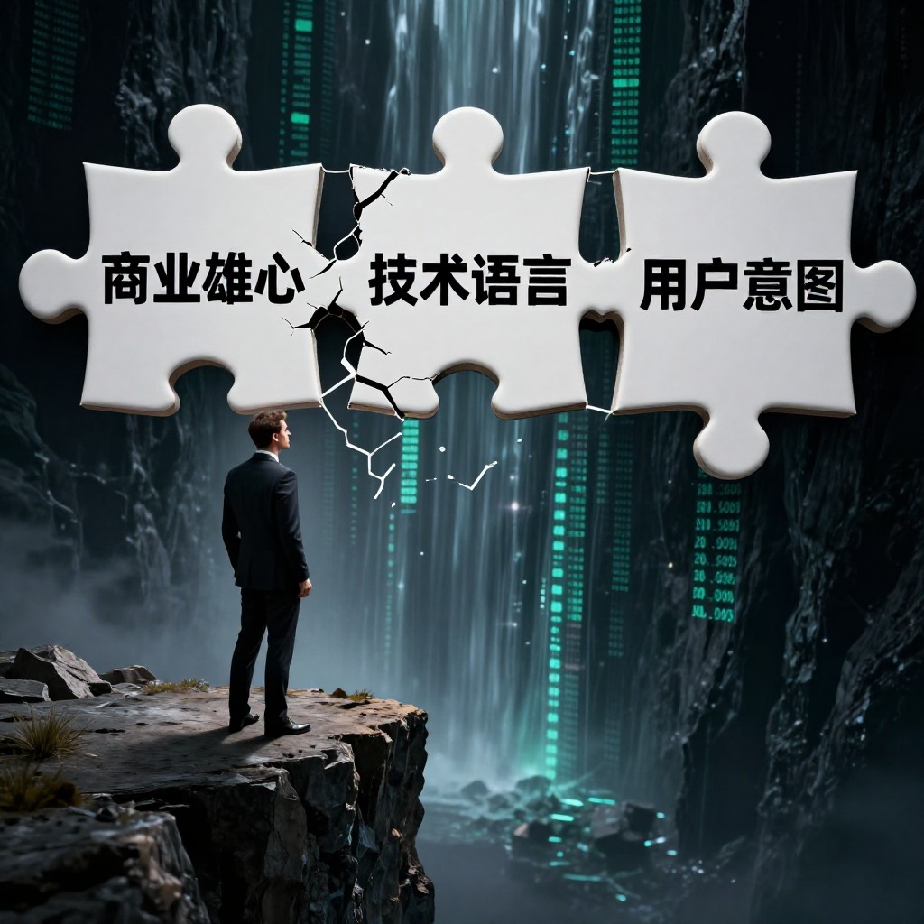 一位眉头紧锁的CEO正站在悬崖边，眼前是三块巨大的断裂拼图，分别写着“商业雄心”、“技术语言”和“用户意图”，背景是深不见底的AI数据洪流，写实摄影风格，高对比度的冷峻色调。