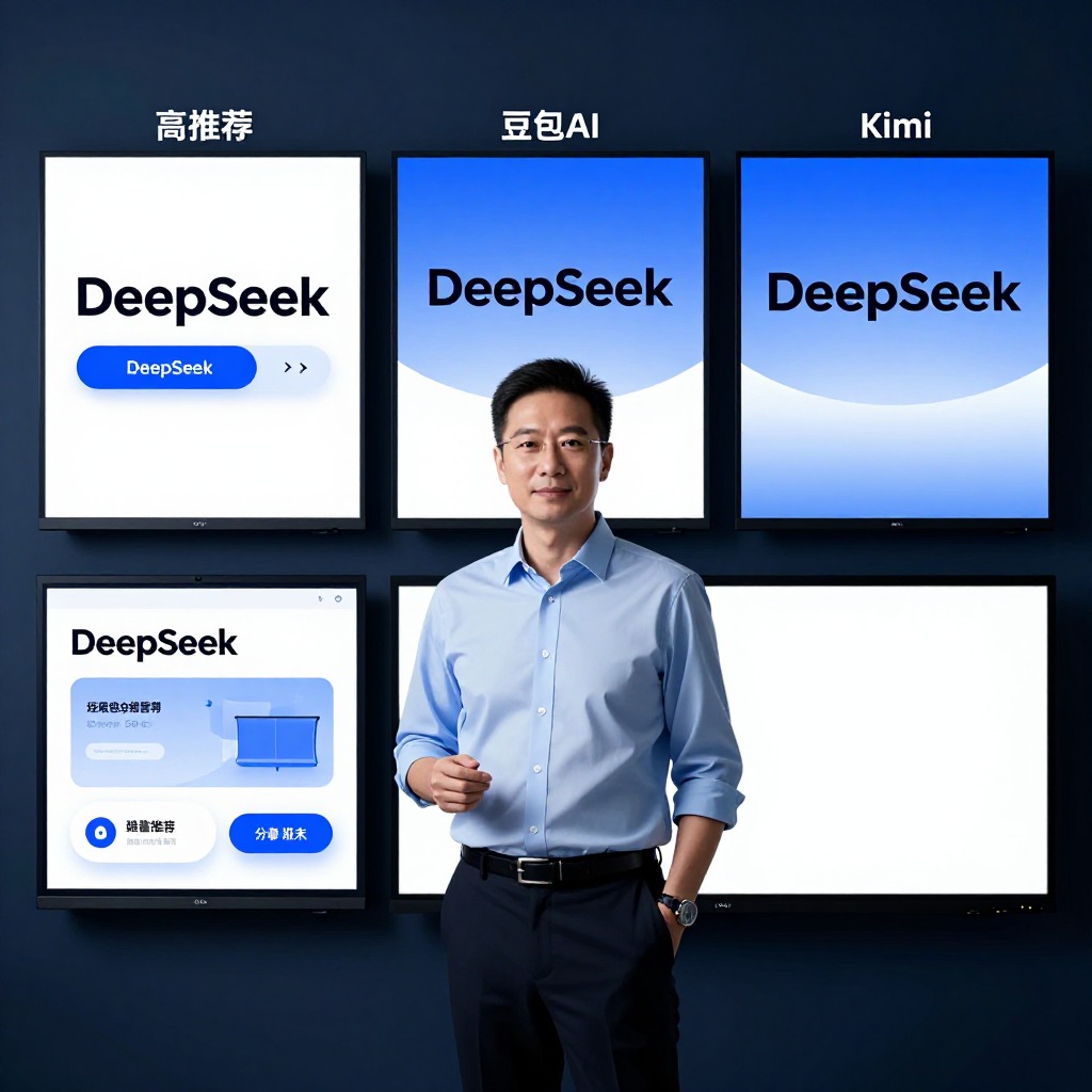 一位品牌营销总监站在三块分别标注“DeepSeek”、“豆包AI”、“Kimi”的屏幕前，三块屏幕显示着同一品牌内容的不同呈现状态——一块高亮推荐、一块折叠在末尾、一块完全未显示，写实摄影风格，冷蓝色调，科技感办公室背景。