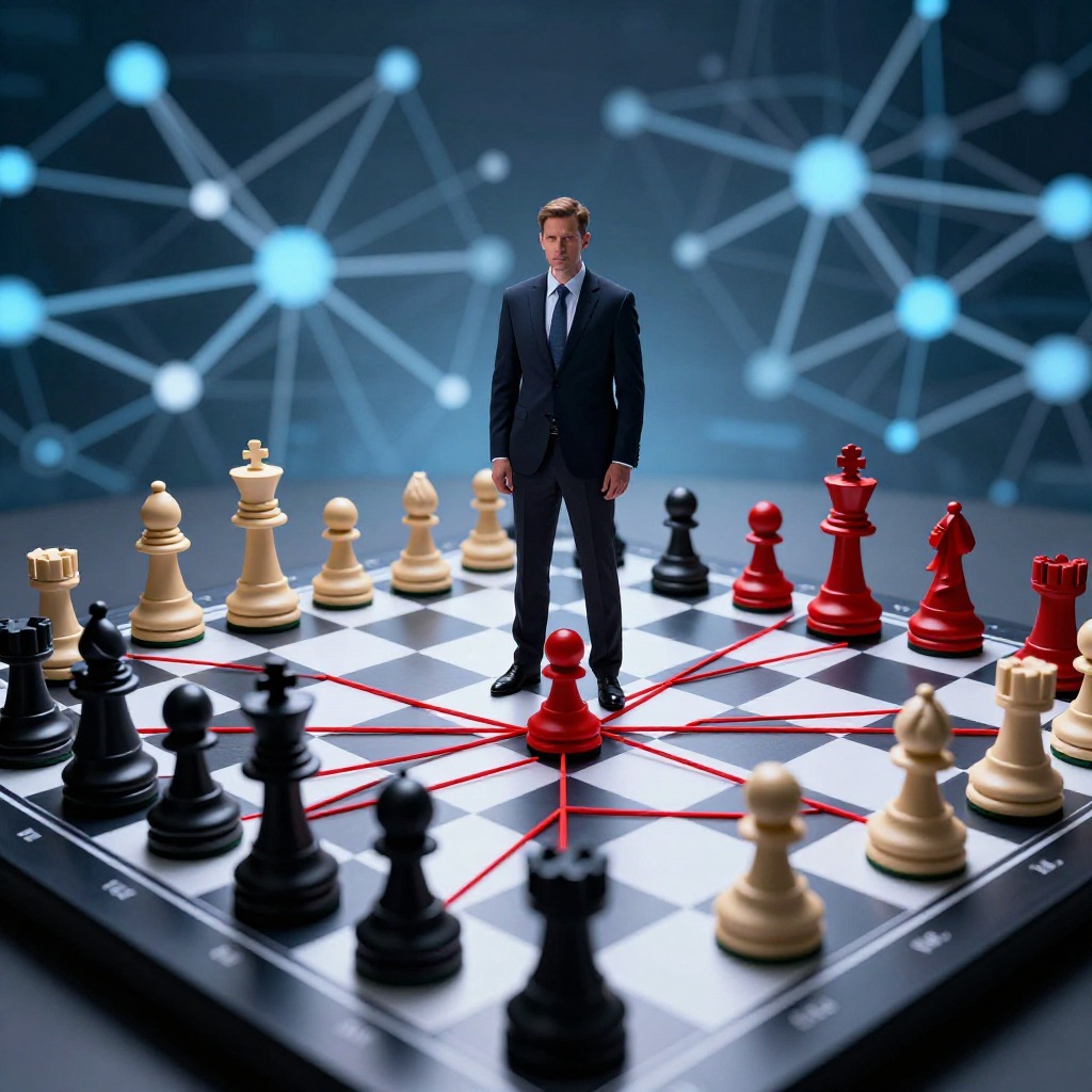 一位商业分析师站在巨大的棋盘前，棋盘上散落着多个不同颜色的品牌棋子，棋子之间被错综复杂的红色冲突线连接，背景是抽象的AI神经网络结构图，写实摄影风格，冷色调，强调决策困境。
