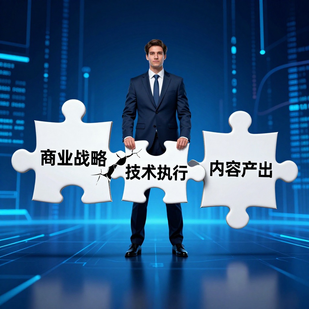 一位西装革履的客户成功经理站在三块碎裂的拼图中间，拼图分别写着