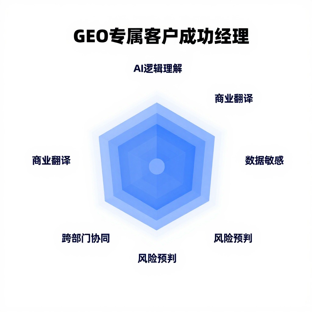 一张极简风格的能力模型六边形雷达图，中心标注“GEO专属客户成功经理”，六项能力分别连接“AI逻辑理解”、“商业翻译”、“数据敏感”、“跨部门协同”、“内容策略”、“风险预判”，企业级信息图风格，品牌蓝色系。