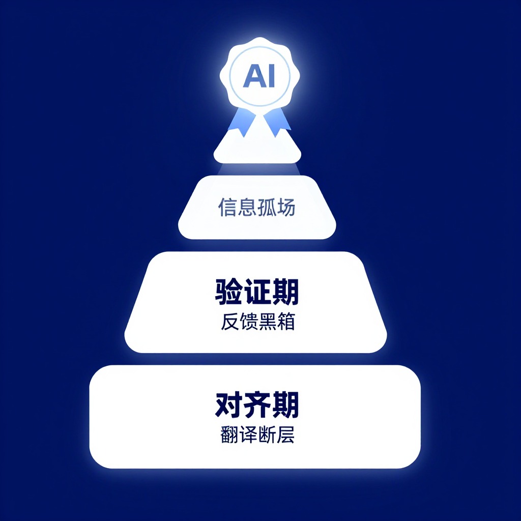 一张清晰的三阶段阶梯图，从底部的“对齐期”（划掉“翻译断层”文字），到中间的“验证期”（划掉“反馈黑箱”），再到顶部的“扩展期”（划掉“信息孤岛”），阶梯顶端是一个发光的AI推荐勋章，极简信息图，企业级蓝白配色。
