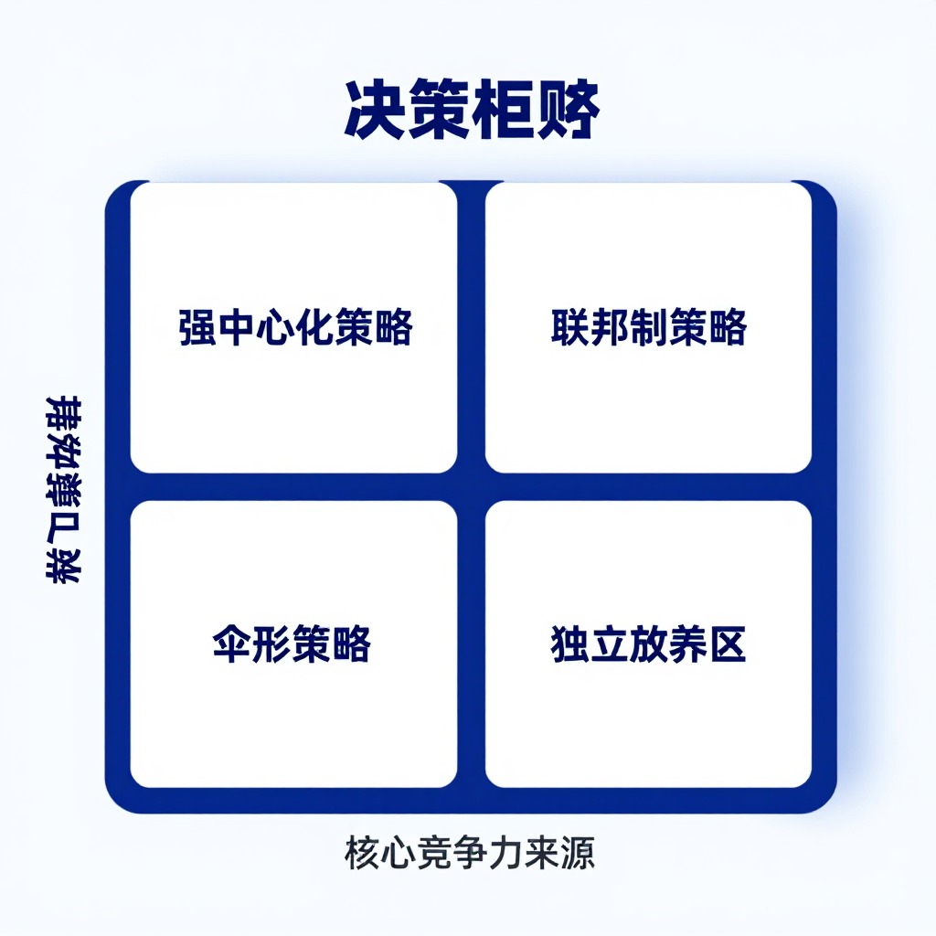 一张清晰的双轴决策矩阵图，横轴是“客户重叠度”，纵轴是“核心竞争力来源”，四个象限分别标注“强中心化策略”、“联邦制策略”、“伞形策略”、“独立放养区”，极简主义信息图风格，企业级蓝白配色。