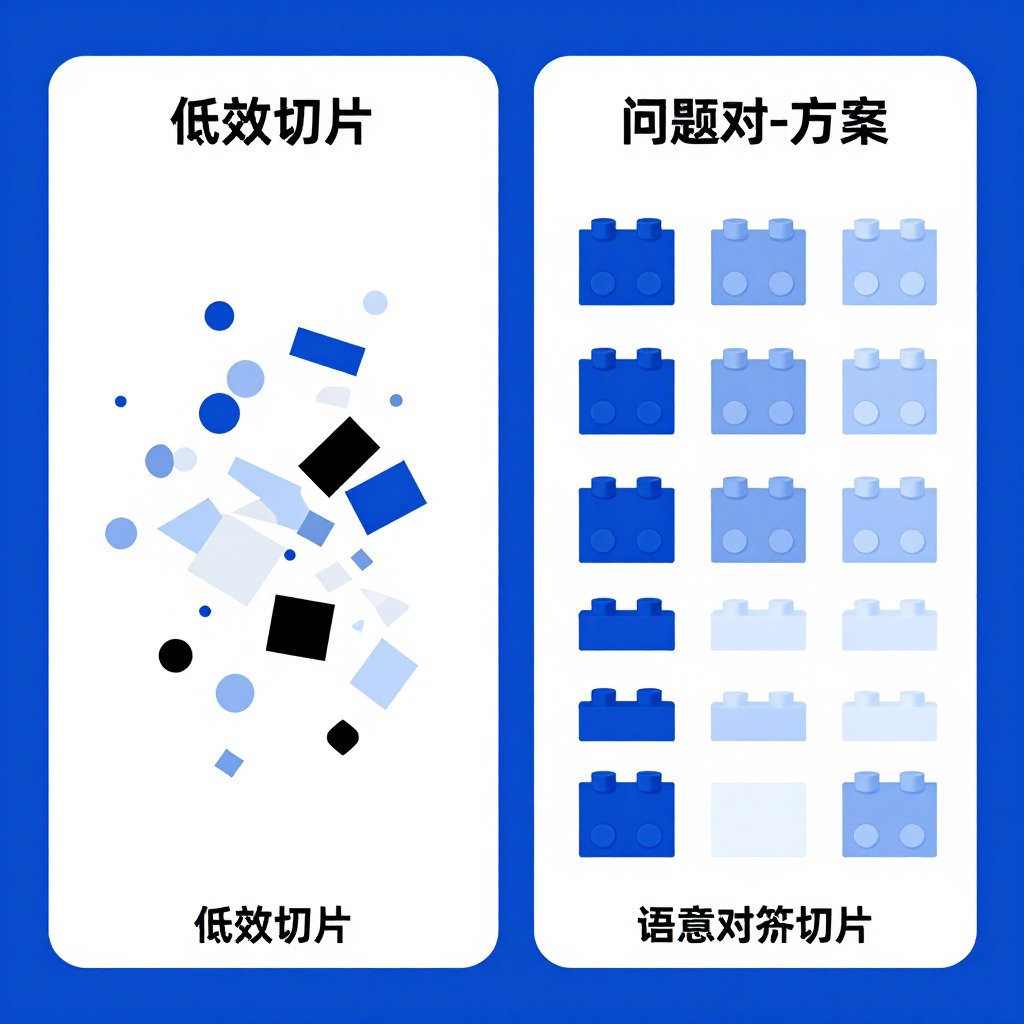 一张清晰的信息图，左侧是杂乱无章、大小不一的内容碎片，被标注“低效切片”；右侧是整齐排列、每个都包含完整“问题-方案”逻辑的乐高积木块，被标注“语义对齐切片”。企业级蓝白配色，极简风格。