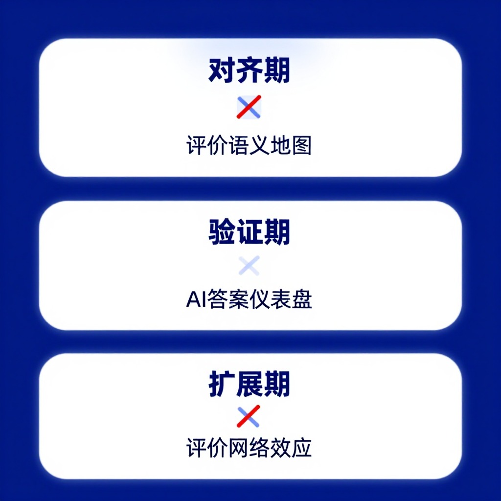 一张三阶段阶梯信息图，第一阶段“对齐期”下方标注“评价语义地图”，第二阶段“验证期”标注“AI答案仪表盘”，第三阶段“扩展期”标注“评价网络效应”，每阶段有一个被划掉的痛点图标，企业级蓝白配色，极简扁平风格。