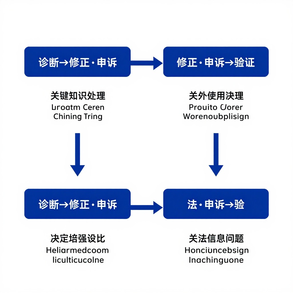 一张四阶段闭环流程图，分别标注“诊断→修正→申诉→验证”，每个阶段下方标注对应的关键动作，极简主义信息图风格，企业级蓝白配色。