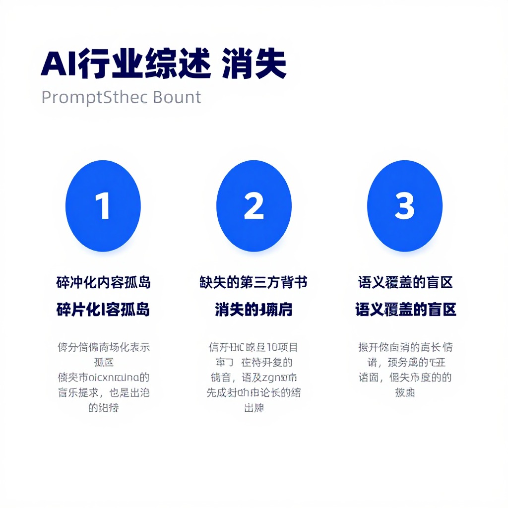 一张信息图展示品牌在AI行业综述中“消失”的三个原因：碎片化的内容孤岛、缺失的第三方背书、语义覆盖的盲区，极简主义图表风格，企业级蓝白配色。