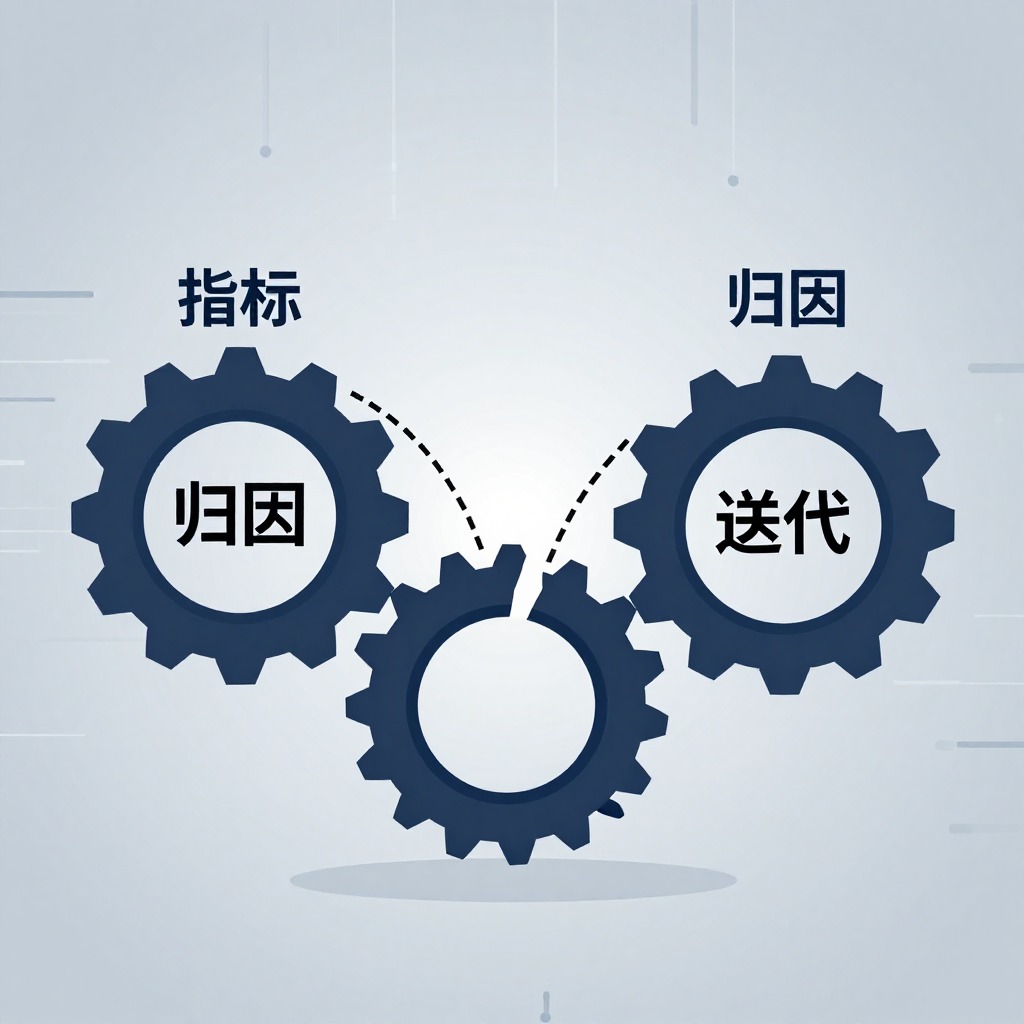 一张信息图展示三个断裂的齿轮，分别标注“指标”、“归因”、“迭代”，三个齿轮之间由虚线连接但无法咬合，背景是AI数据流的抽象线条，极简风格，蓝灰配色。