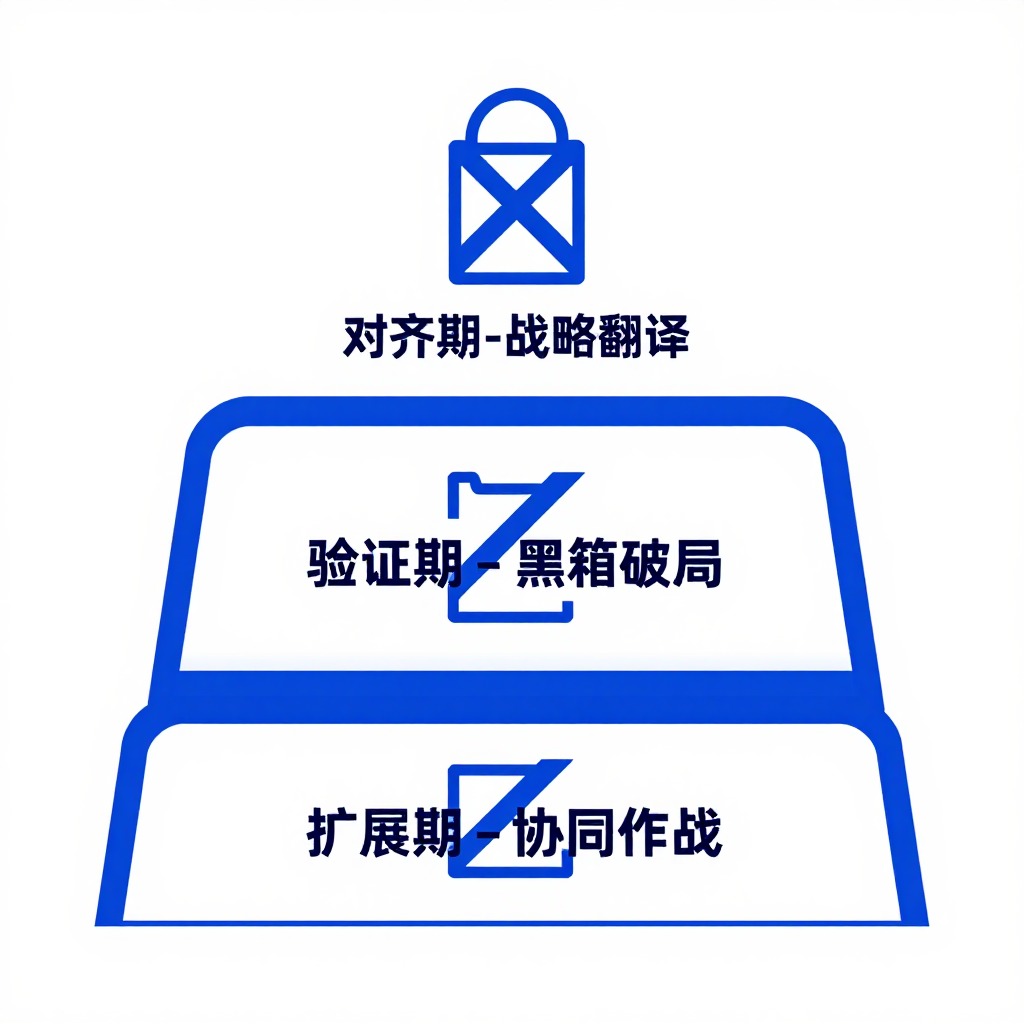 一张纵向的阶梯式信息图，三个台阶分别标注“对齐期-战略翻译”、“验证期-黑箱破局”、“扩展期-协同作战”，每个台阶上都有一个被划掉的错误图标，企业级蓝白配色，极简风格。