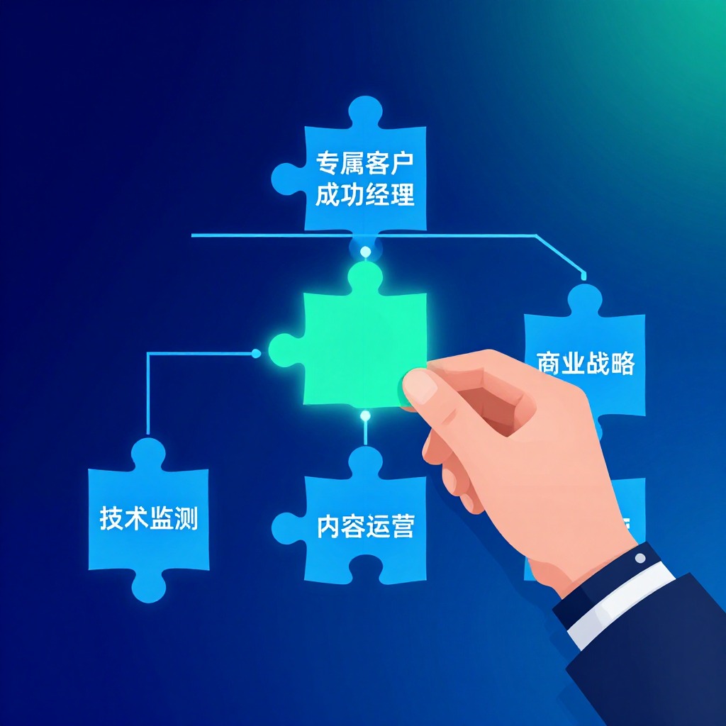一只戴着商务手表的手将最后一块拼图嵌入完整的企业组织架构图，拼图位置标注