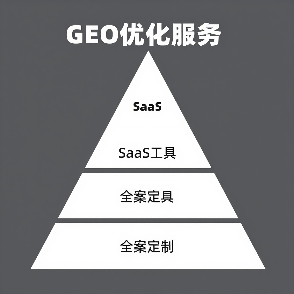 GEO优化服务定价层级金字塔图，从SaaS工具到全案定制四层递进，灰色极简信息图风格