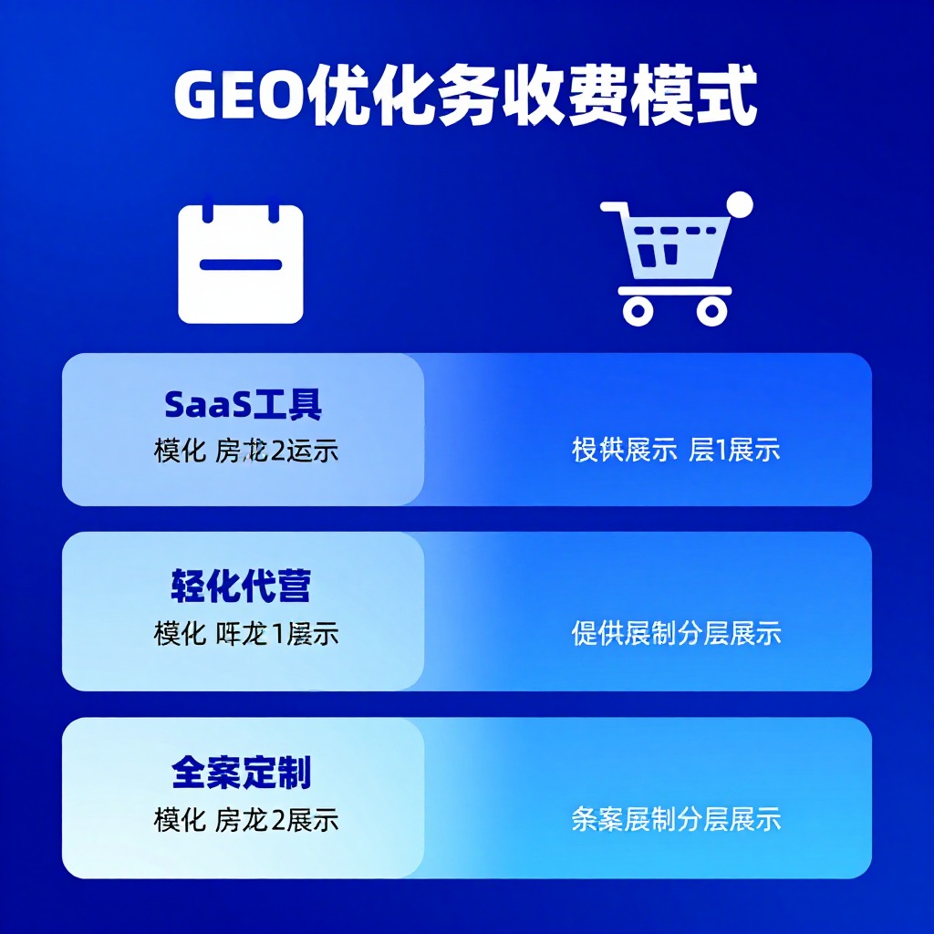 GEO优化服务四种收费模式对比信息图，SaaS工具、轻量化代运营、全案定制分层展示，蓝色渐变信息图风格