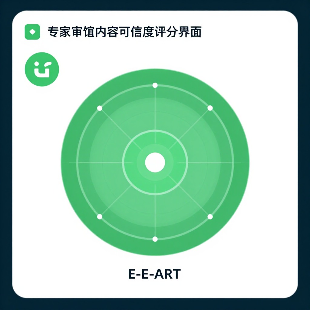 专家审核内容可信度评分界面，E-E-A-T四维雷达图，绿色认证标识，扁平化UI设计